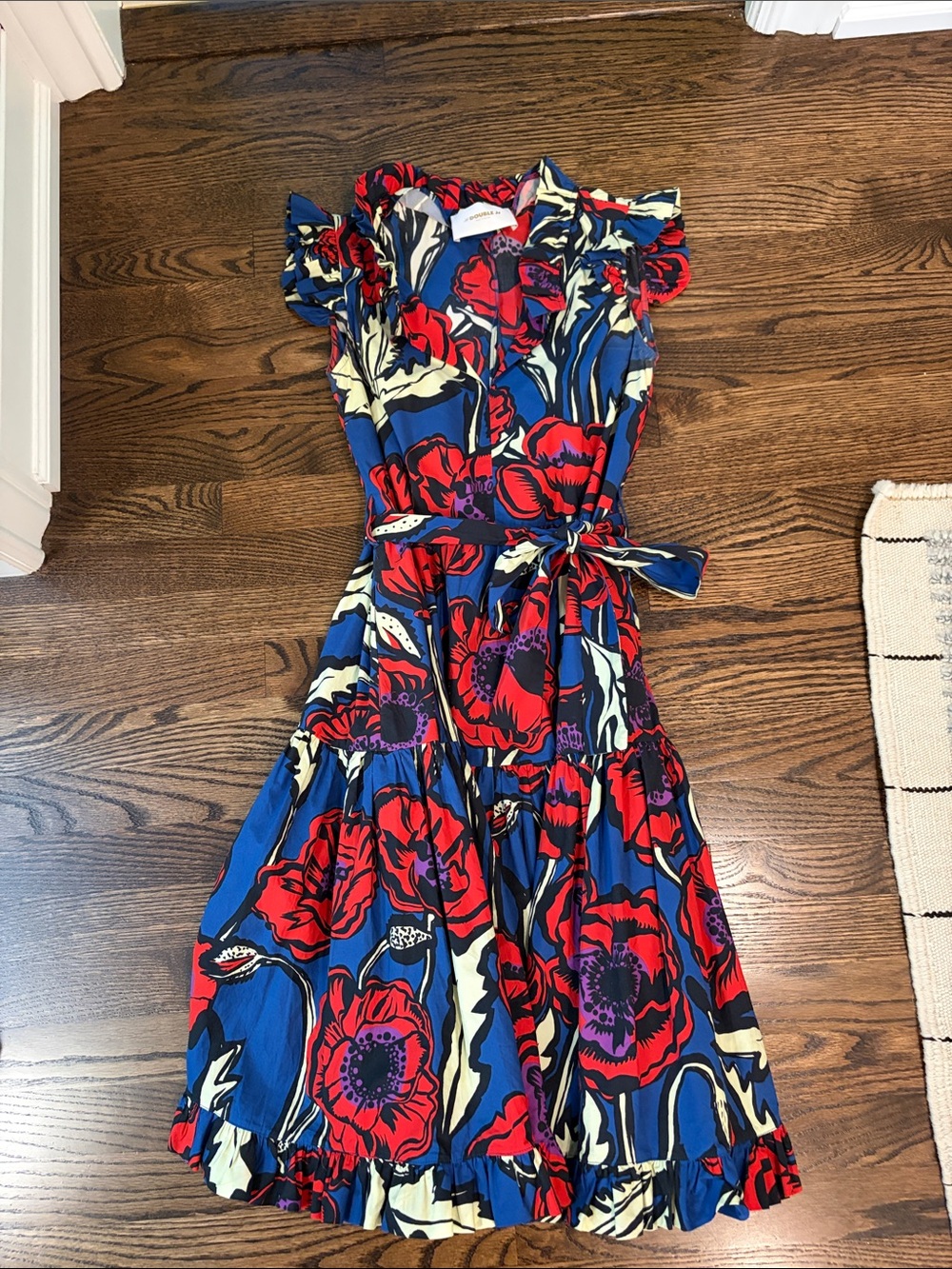 LA DoubleJ Blue Midi Dress with Red Floral Print